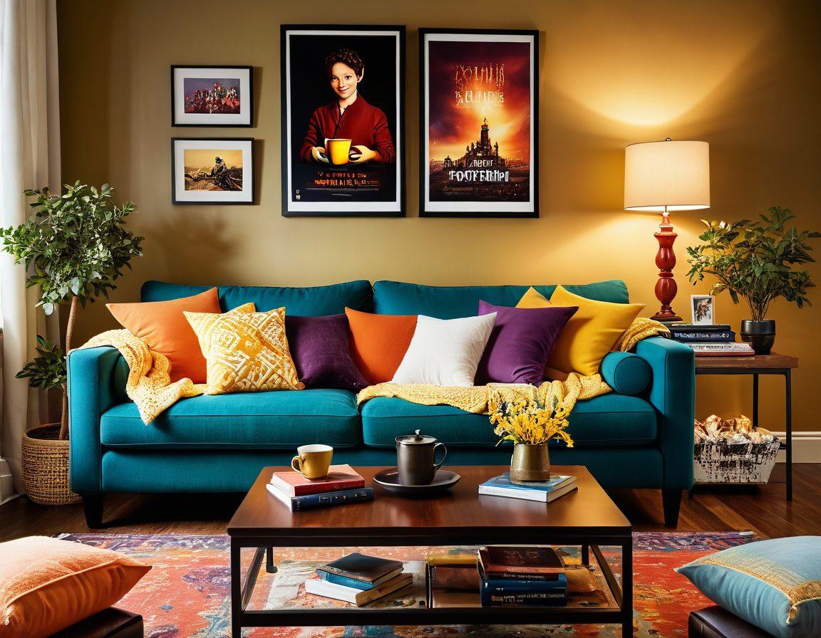 A cozy living room scene with a plush sofa, a large TV displaying colorful, cheerful series, and popcorn scattered around. Warm lighting creates an inviting atmosphere, with vibrant walls adorned with movie posters. A small coffee table hosts cozy blankets and a steaming cup of tea, surrounded by genre-themed decorations. The mood is joyful and relaxed, inviting viewers to indulge in blissful viewing experiences. super-realistic. vibrant colors. warm lighting.