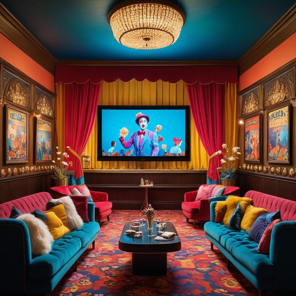 A whimsical scene depicting a split-screen of a dramatic theater on one side, filled with intense actors, and a lively comedy club on the other, bursting with laughter and joy. In the center, a large TV screen showcases a colorful array of film reels and popcorn, symbolizing binge-watching bliss. The atmosphere is vibrant, with playful characters floating around, blending drama and comedy. The background features a cozy living room setting with plush couches and warm lighting. bright colors, pop art style.