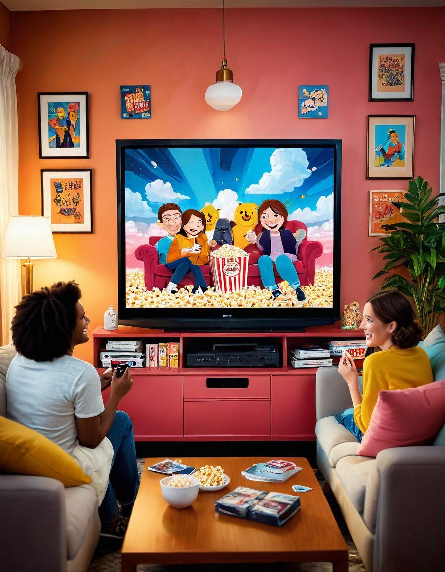 A lively scene featuring a cozy living room with a large TV displaying colorful cinema and series posters. Incorporate playful popcorn and smiley faces scattered around, evoking joy and excitement. Add a family or friends laughing together while watching, surrounded by a warm glow of lights. Stylish film reels and whimsical clouds in the background enhance the cheerful atmosphere. vibrant colors. digital painting.